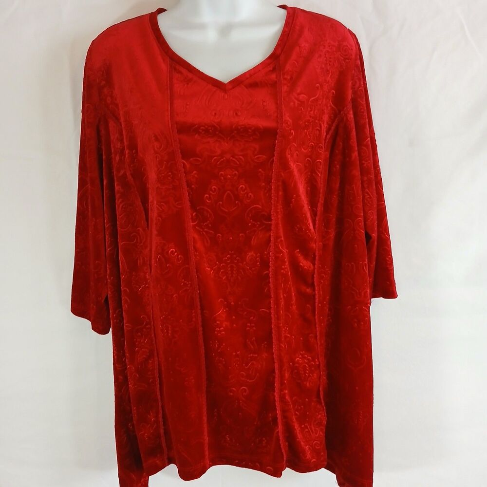 Catherines Women Red Top Damask v neck Size 4X Soft Stretch Festive Holiday